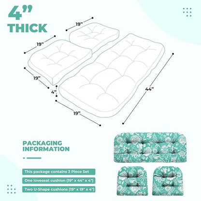 DANGHOOGY Wicker Chair Cushions, Waterproof Outdoor Loveseat Cushions for Patio Furniture, Tufted Wicker Furniture Cushions, 1 Loveseat and 2 U-Shaped Cushions (Cyan Rose)