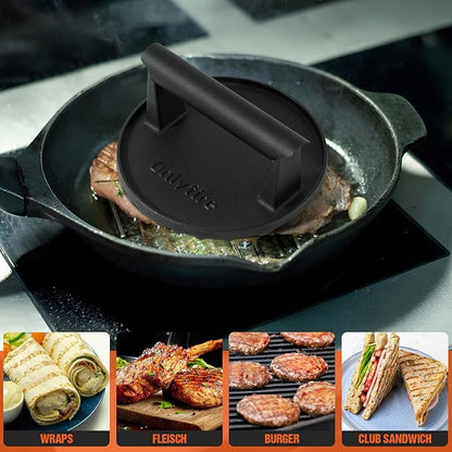 onlyfire Cast Iron Grill Press, Heavy-Duty Smash Burger Press Meat Steak with Handle for Griddle, 6” Grill Press for Hamburger, Bacon, Meat, Steak, Patty