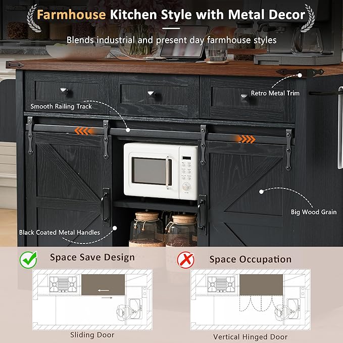 53.7" Farmhouse Kitchen Island with Power Outlet,2 Sliding Barn Door Storage w/Drop Leaf and Spice Rack Rolling Carts on Wheels & Metal Handle,for Home,Dining Room,Black, 50.25"