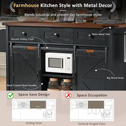 53.7" Farmhouse Kitchen Island with Power Outlet,2 Sliding Barn Door Storage w/Drop Leaf and Spice Rack Rolling Carts on Wheels & Metal Handle,for Home,Dining Room,Black, 50.25"
