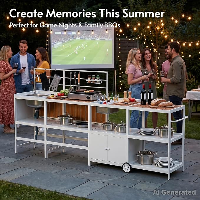 Modular Outdoor Kitchen Island with Sink, 4Pcs Aluminum Outdoor Kitchen Kit | Aluminum Frame, Weatherproof, Modular Grill Cart & Ice box, Large Countertop & Wall Hanging Design, For Patio BBQ, Party