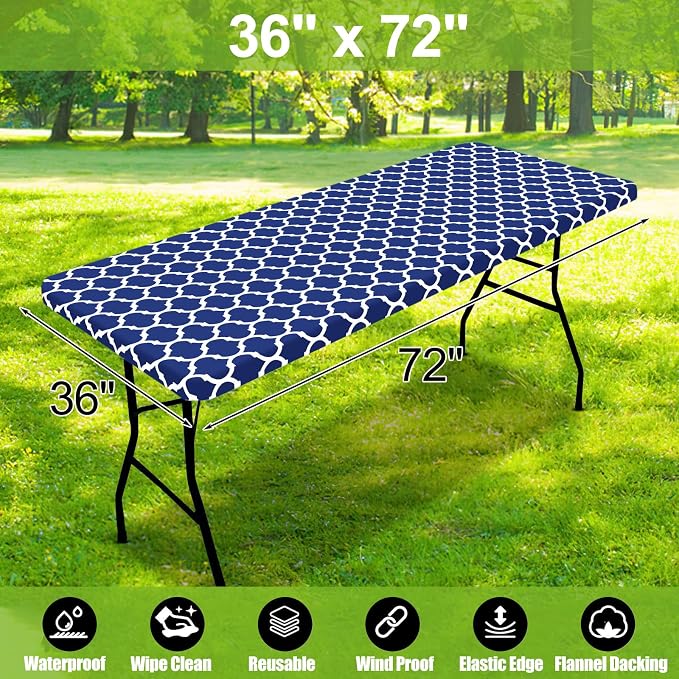 Smiry Picnic Fitted Table Cover, 6 Foot Flannel Backed Vinyl Tablecloth | Waterproof Elastic Stretch Table Cloth, Wipeable Plastic Tablecloth for Camping, Indoor & Outdoor (Navy, 36" x 72")