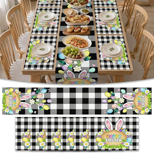 Nuxovilar Tablerunner and Placemats Set of 7 Black-White Plaid Easter Decor Linen Square Placemats for Dining Dining Sets and Accessories Family Dinner, Easter Celebration, Restaurant Setup
