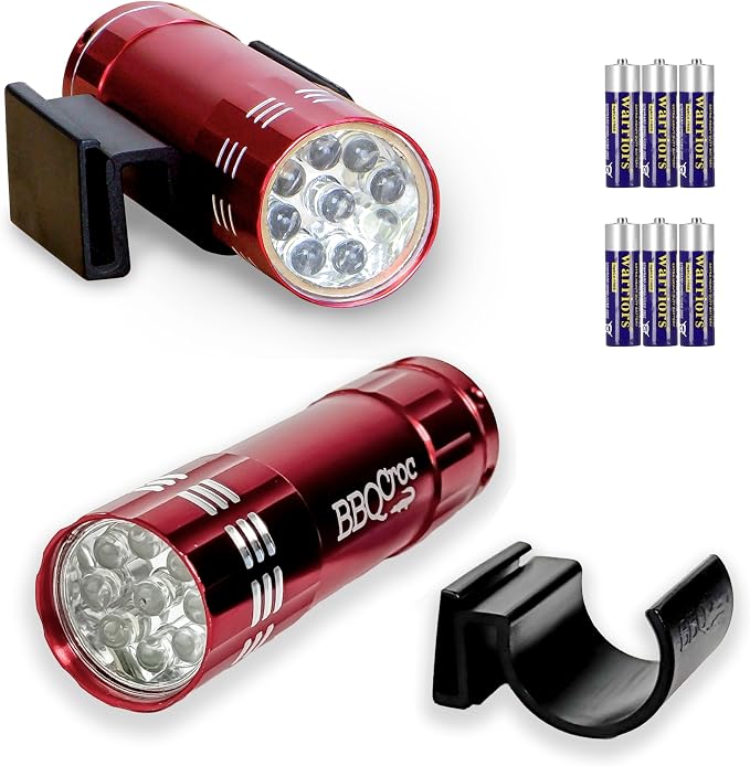 Clip-On LED Pocket Grill Light by BBQ Croc, 2-Pack, Hands-Free Mini Flashlight with Clip, Ultra-Bright 9 LED, Snaps to Hats Tools Shoes & More, Batteries Included
