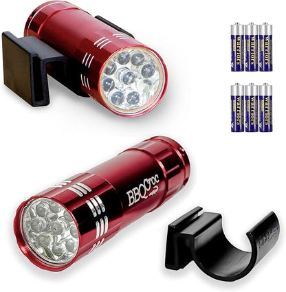 Clip-On LED Pocket Grill Light by BBQ Croc, 2-Pack, Hands-Free Mini Flashlight with Clip, Ultra-Bright 9 LED, Snaps to Hats Tools Shoes & More, Batteries Included