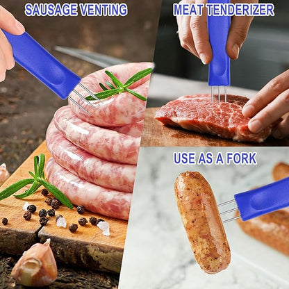 3-Prong Sausage Pricker Tool, 6.5 Inch Stainless Steel Meat Needle for Sausage Making, with Non-Slip Handle & Storage Case for Sausage Making