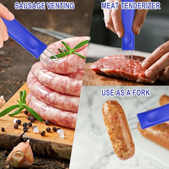2 Pack 3-Prong Sausage Pricker Tools, 6.5 Inch Stainless Steel Meat Needle for Sausage Making, with Non-Slip Handle & Storage Case for Sausage Making