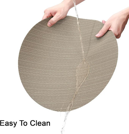 15 Inch Round Placemats Set of 8, Washable Vinyl Woven Place Mats | Heat Resistant Non-Slip Braided Table Mats for Dining Table Kitchen Indoor & Outdoor Use (Golden Silver, Set of 8)