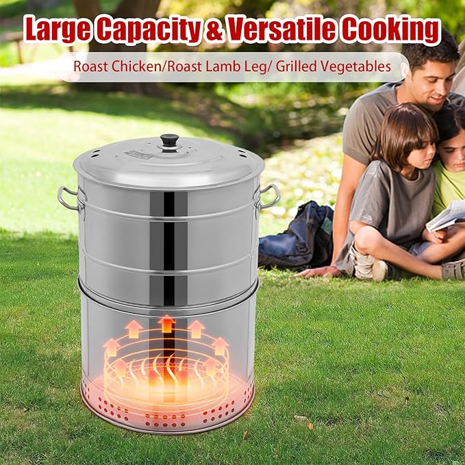 LARIDE Charcoal Grills Stainless Steel Ultra-Portable Smoker Grill for Outdoors, Camping and Home BBQ 16.14” Diameter, 360° Rotating Hanging BBQ with 50 Skewers barril para asar carne