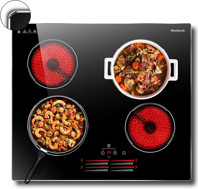 4 Burner Electric Cooktop 24 Inch, 6000W Cooktop Electric Slide Controls, Built in Electric stove top, Glass Protection Metal Frame, 9 Power Levels, Safety Lock, Timer, 240V Hard Wire(No Plug)
