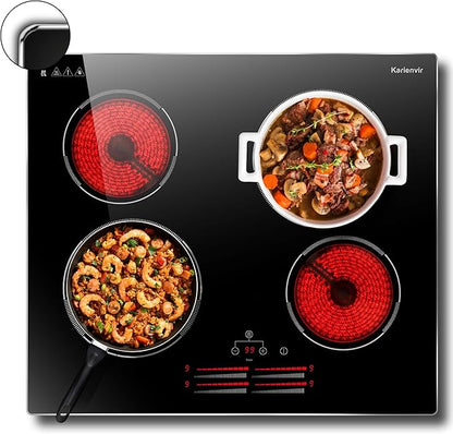 4 Burner Electric Cooktop 24 Inch, 6000W Cooktop Electric Slide Controls, Built in Electric stove top, Glass Protection Metal Frame, 9 Power Levels, Safety Lock, Timer, 240V Hard Wire(No Plug)