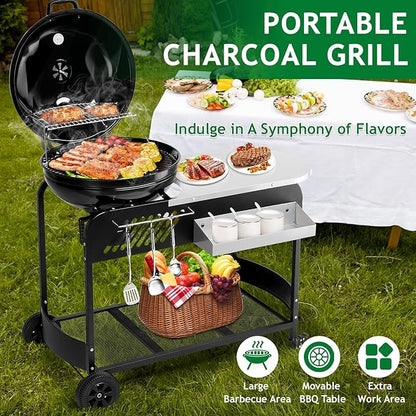 Portable Charcoal Grill with Cart Slide-Out Ash Catcher 21'' BBQ Grill with Porcelain Enamel Lid Thermometer and Wheels Small Charcoal Grills for Outdoor Backyard Camping Iron Black