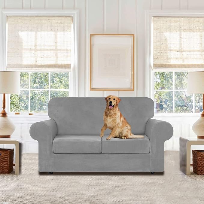 WEERRW Velvet Stretch 3 Pieces Couch Cover for Sofa Washable, Silver Grey | Love Seat Couch Covers for 2 Cushion Couch Sofa Furniture Protector slipcoves with Elastic Bottom for Kids, Medium