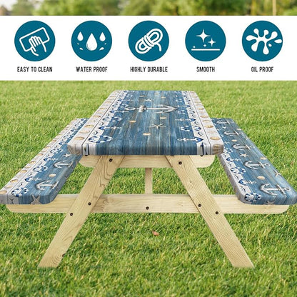 Picnic Table Cover with Bench Covers Elastic Edges, Navy Blue Nautical Anchor Table Cover, Waterproof Windproof Fitted, for Outdoor Camping Patio Garden BBQ, Drawstring Bag, 72 Inch 3PCS