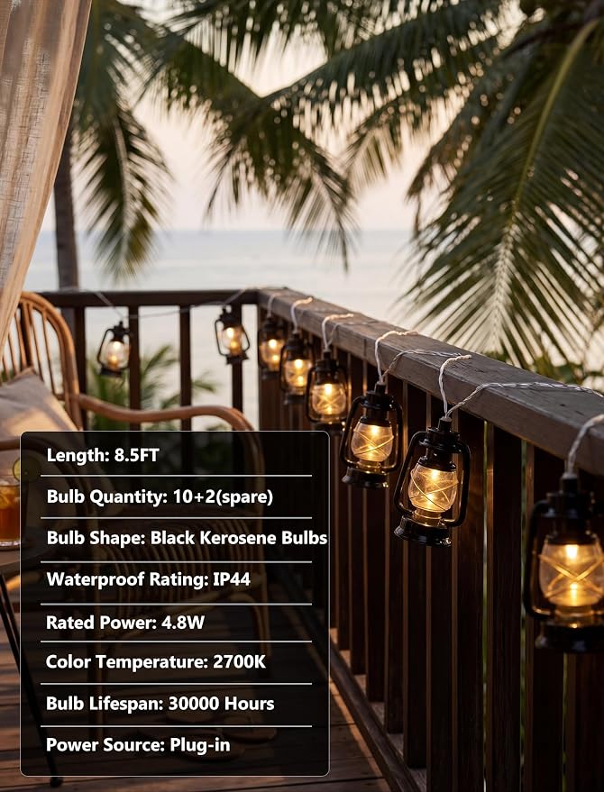 Vintage Kerosene Lantern String Lights 8.5FT, 10 LED Black Oil Lamp Camping | IP44 Waterproof & End-to-end Connectable, Plug-in LED for RV Awning, Tent, Patio, Porch, Bedroom, Camping and Holiday Decor