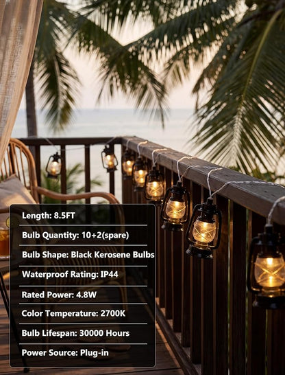 Vintage Kerosene Lantern String Lights 8.5FT, 10 LED Black Oil Lamp Camping | IP44 Waterproof & End-to-end Connectable, Plug-in LED for RV Awning, Tent, Patio, Porch, Bedroom, Camping and Holiday Decor