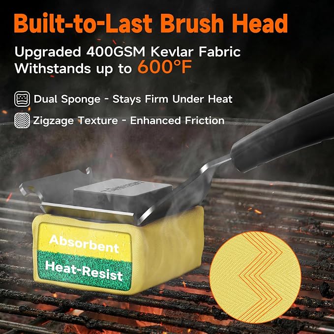 Bristle-Free Grill Brush with Heat-Resistant Kevlar Fiber Head, Black | Steam Cleaning, Replaceable No-Wire Head, 17" Handle, 4-in-1 Scraper, for Porcelain/Ceramic/Stainless Steel/Cast Iron Grate