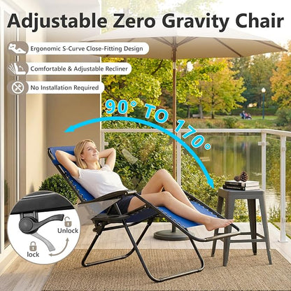 Zero Gravity Chairs Set of 2 with 9FT Patio Umbrella, Adjustable Folding Outdoor Recliner with Pillow & Cup Holder, Waterproof UV Protection Market Umbrella for Pool, Beach, Patio, Camping