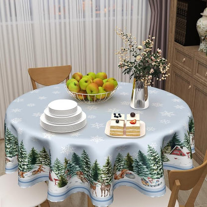 Sweetshow Winter Snowflake Blue Table Cloth Round Christmas Tree Deer Squirrel Tablecloth 70 Inch Winter Decor Washable Stain and Wrinkle Resistant Round Table Cover for Dining Party Picnic