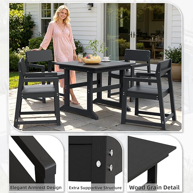 Shintenchi 5 Pieces Outdoor Dining Set,HDPE Outdoor Table and Chairs Set for 4,All Weather Patio Furniture Sets,Modern Wooden Textured Dining Sets for Backyard,Garden,Black
