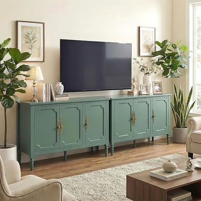 RoyalCraft Buffet Sideboard with 3 Doors, Mid-Century Sideboard Cabinet with Adjustable Shelves, Wood Buffet Cabinet with Turned Legs, Accent Cabinets for Entryway, Living Room, Dining Room, Green