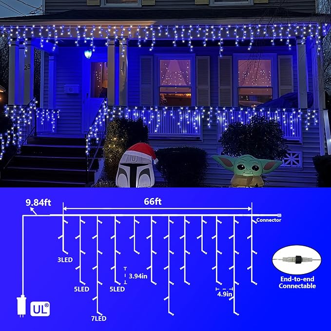 QITONG Blue and White Icicle Lights for Outside, 66ft 800 LED String Light Indoor Plug in, 8 Modes Connectable Icicle Christmas Light Clear Wire