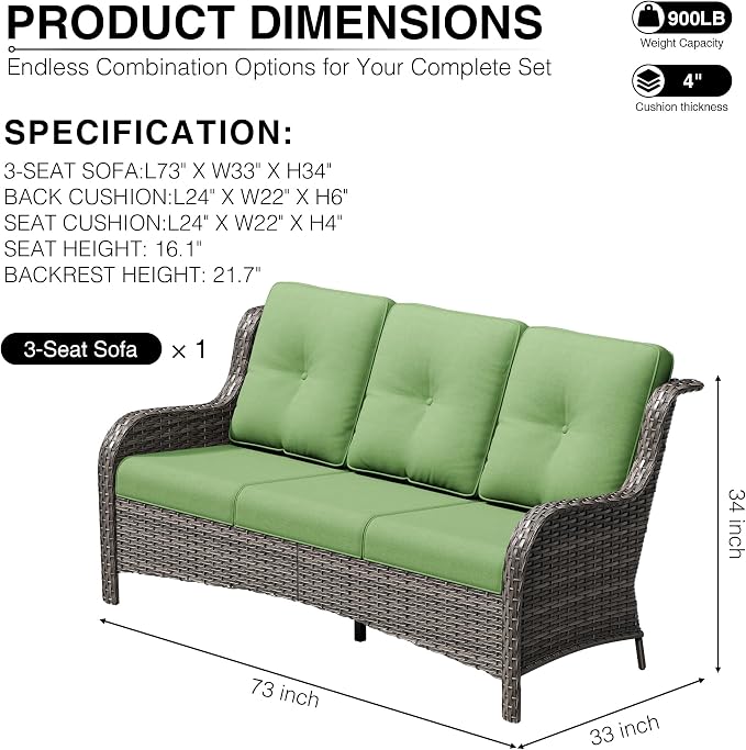 Joyside Outdoor Patio Couch, 3 Seater Outdoor Wicker Sofa with High Back, Deep Seating, Wide Armrest, Thickened Cushions, Patio Sofa for Deck, Porch Use