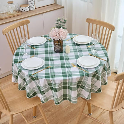 NLMUVW 48 Inch Round Vinyl Tablecloth with Flannel Backing, Small Waterproof PVC Table Cloth Wipe Clean Table Cover for Dining Party Camping Outdoor, Green Check