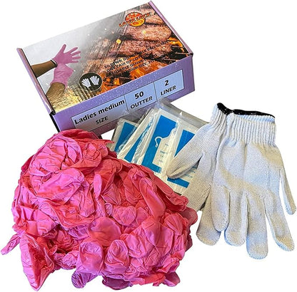 LavaLock Disposable Nitrile BBQ Gloves with Cotton Liners for Outdoor Cooking Grilling Smokers and Barbecue Competition, Chef or Kitchen use (Medium 50 Count Pink with Spoons)