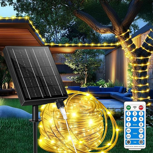 LairtPOW Larger Tube Solar Rope Lights with Remote,98FT 300LEDs Outdoor Solar Strip Lights,IP67 Waterproof USB Charging Solar String Lights, Timing & 8 Modes Fairy Light for Garden Tree (Warm White)
