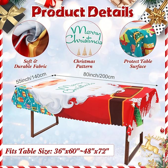 7 Pcs Christmas Tablecloth and Chair Covers Set Stretchable Washable Red Santa Holiday Table Cover and Seat Protector Slipcovers for Xmas Dining Room Kitchen Party(Rectangle,55 x 80 Inch)