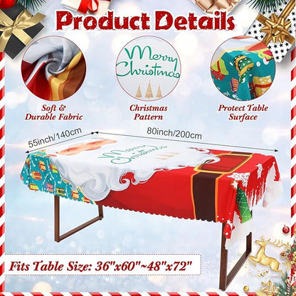 7 Pcs Christmas Tablecloth and Chair Covers Set Stretchable Washable Red Santa Holiday Table Cover and Seat Protector Slipcovers for Xmas Dining Room Kitchen Party(Rectangle,55 x 80 Inch)