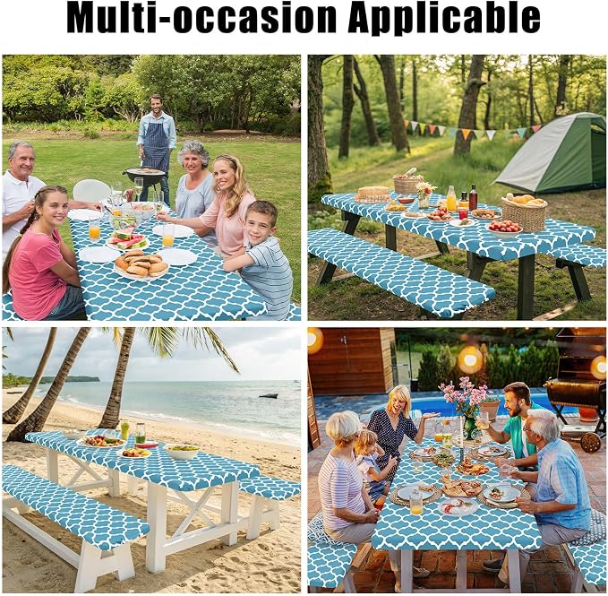 Smiry Picnic Table Cover with Bench Covers, Waterproof Elastic Fitted Tablecloth for 6 Foot Tables, Washable Polyester Tablecloths for Camping, Indoor & Outdoor (Light Blue, 30x72 Inch 3-pc Set)