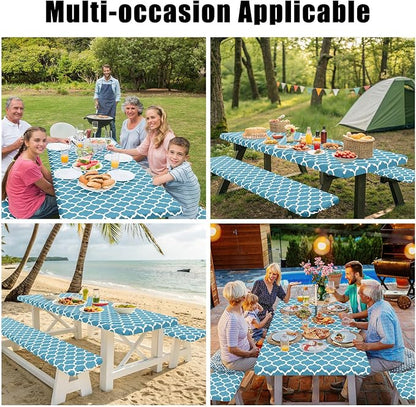 Smiry Picnic Table Cover with Bench Covers, Waterproof Elastic Fitted Tablecloth for 8 Foot Tables, Washable Polyester Tablecloths for Camping, Indoor & Outdoor (Light Blue, 30x96 Inch 3-pc Set)