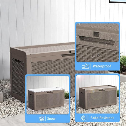 Pepe Tee Waterproof Resin Deck Box, Outdoor Storage Bin for Patio Furniture Cushions, All-Weather Garden Organizer & Seating Bench, Coffee