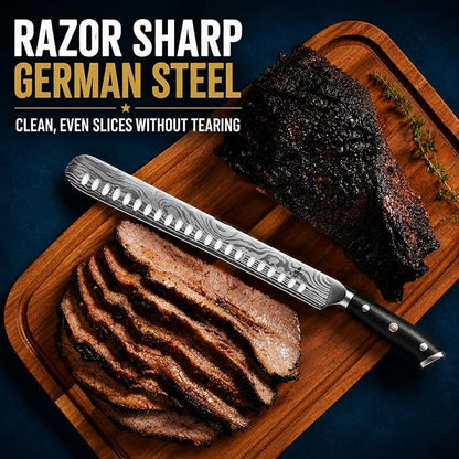 Brisket Knife Set for Meat Carving - 12" Slicing Knife + 6" Curved Boning Knife & Carving Fork for Effortless Meat Cutting, Full Tang & Ergonomic - Razor Sharp German Steel, BBQ Grilling Gifts for Men