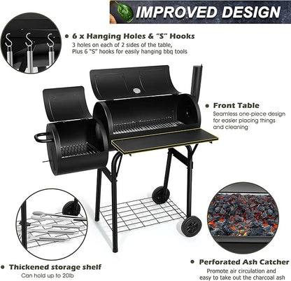 Joyfair Charcoal Grill with Offset Smoker, Camping Barbecue Grill with Side Fire Box for Outdoor BBQ Smoking/Backyard Party Grilling, Thick Iron Steel & Dual Chamber Design, Thermometer & Chimney