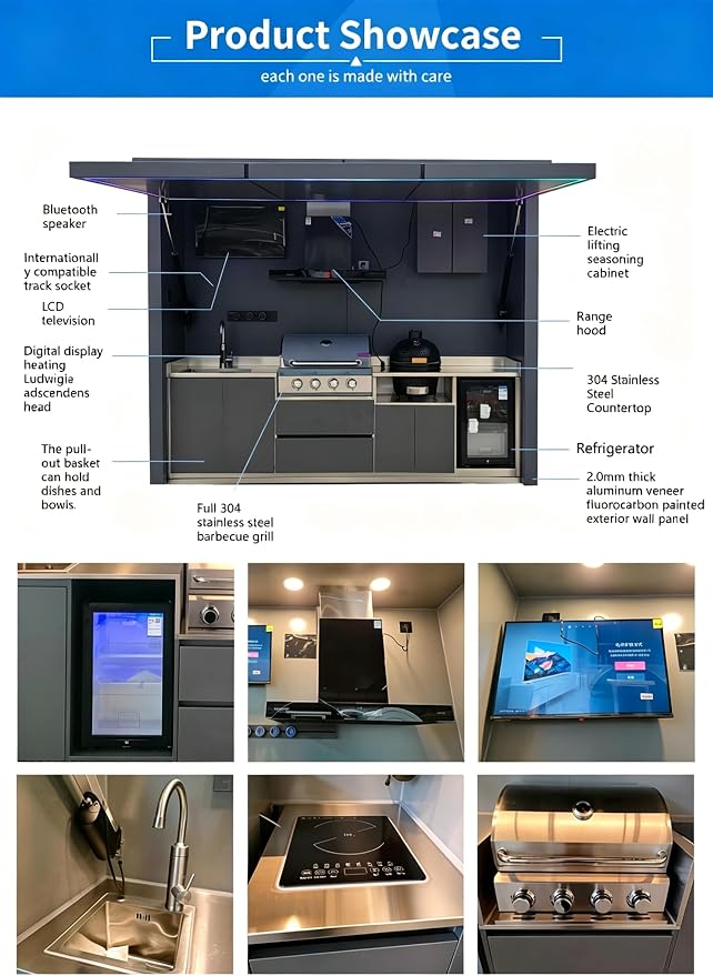 Outdoor Kitchen Pod with Roof, Prefabricated Modular Outdoor Kitchen Island Featuring Sink, Grill Station, Storage Cabinet and Prep Counter, Backyard Patio Cooking Solution for Family Gatherings