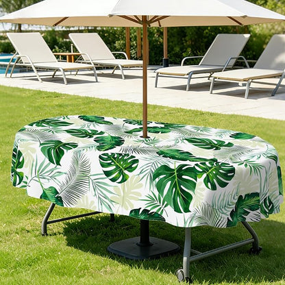 Outdoor Tablecloth with Umbrella Hole Elegant Zipper Patio Table Cloth for Outdoor Patio Garden Yard Decor