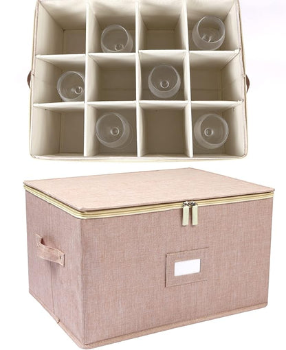 popoly Wine Glass Storage Box, Stemware Storage Containers Cases with Dividers, Stackable Moving Supplies for 12 Wine Glasses, Drinkware, Glassware or Crystal (Beige) | Stackable Moving Supplies for 12 Wine Glasses, Drinkware , Glassware or Crystal, Ha...