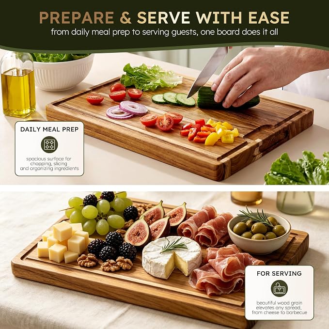 2-Piece Teak Cutting Board Set, Butcher Blocks with Juice Groove | 1.25” Thick Cutting Board for Meat and Brisket, End Grain Cutting Board for Kitchen, Wooden Cutting Board for Carving