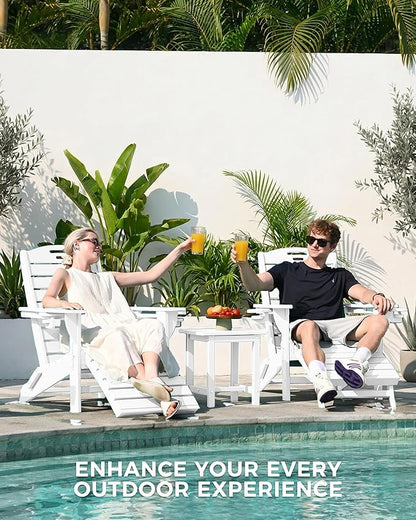 Adjustable Adirondack Chairs Set of 2 with Retractable Ottoman, HDPE Folding Adirondack Chair with Cup Holders, Weather Resistant for Backyard, Poolside & Fire Pit (White)