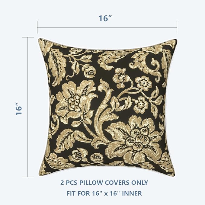 LVTXIII Outdoor Pillow Covers Set of 2, Patio Waterproof Throw Pillow Cases Fade Resistant Accent Pillow Covers for Spring Summer Garden Decoration, 16x16 Inch, Jacobean Black