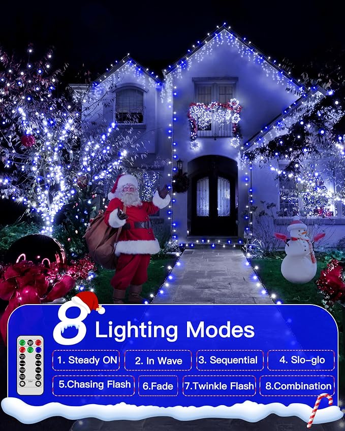 196FT 600 LED Christmas Lights Outdoor Waterproof, Timer & Memory Function, 8 Modes Blue White String Lights Plug in Twinkle Lights for Xmas Tree Holiday Garden Indoor Party Decor