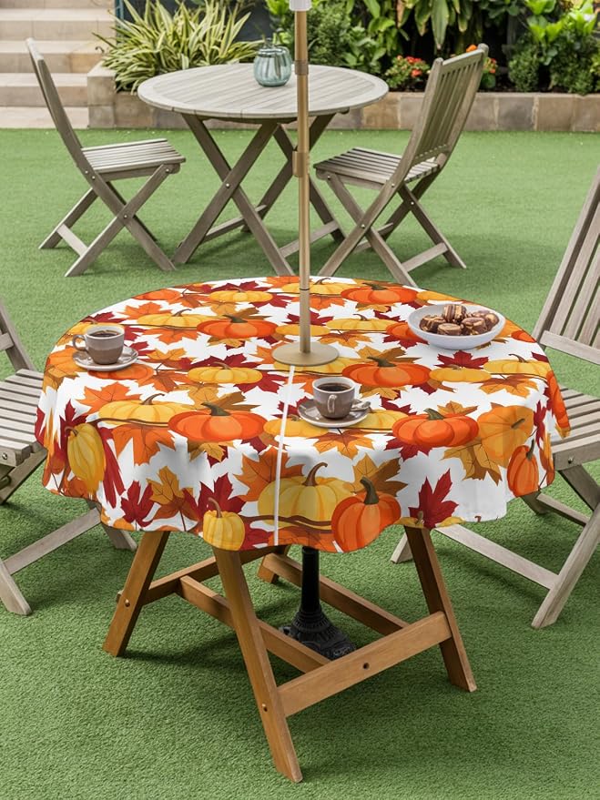 Fall Tablecloth with Umbrella Hole and Zipper Fall Leaves Pumpkin Round Outdoor Tablecloths 54 Inch Waterproof Table Cloths Autumn Harvest Patio Table Cloth Cover for Fall Thanksgiving Picnic Garden