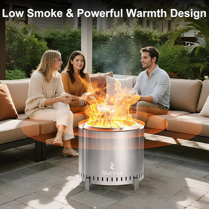 OutVue 19.5 inch Stainless Steel Smokeless Fire Pit, Outdoor Smokeless Firepit, Wood Burning Fire Pits for Camping, Bonfire, Low Smoke Firepit for Outside