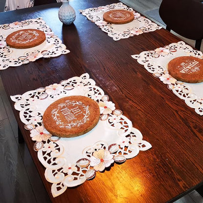 LeLehome Set of 4 Flower Embroidered Placemats, Oblong Beige Rose Lunchmats Place Mats, Home Kitchen Dining Restaurant Party Indoor Decor Rectangular Table Mats, 18 Inch X 12 Inch