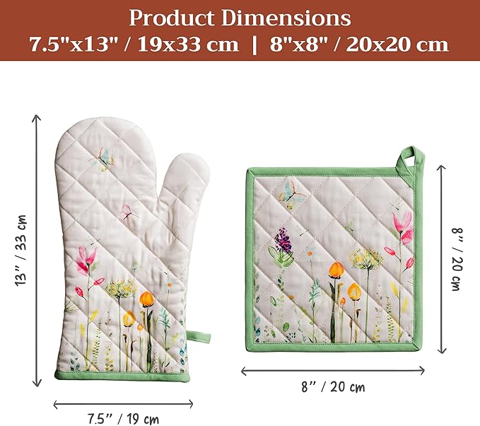 Maison d' Hermine 100% Cotton Oven Mitt & Pot Holder Set (7.5"x13" & 8"x8") Heat Resistant BBQ Cooking Gloves with Loop Baking Grilling Kitchen Hotel Home Farmhouse Spring Summer (Botanical Fresh)
