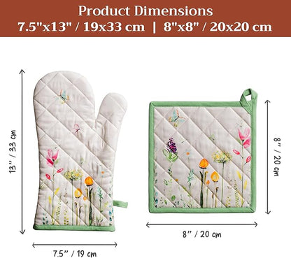 Maison d' Hermine 100% Cotton Oven Mitt & Pot Holder Set (7.5"x13" & 8"x8") Heat Resistant BBQ Cooking Gloves with Loop Baking Grilling Kitchen Hotel Home Farmhouse Spring Summer (Botanical Fresh)
