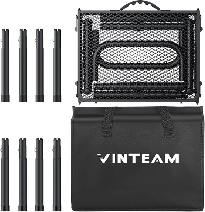 VINTEAM Folding Grill Table with Mesh Top, 3 Adjustable Heights, Lightweight Portable Camping Table, Black Aluminum Alloy BBQ Picnic Table for Outdoor Cooking, Tailgating, Beach, RV & Backyard